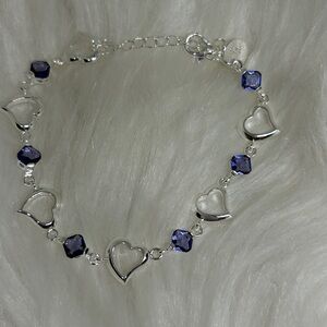 925 Sterling Silver with Burmese Blue Created Sapphires and Hearts Bracelet